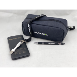 Nutanix Accessory Pouch with black wireless charging Powerbank, Keychain cable and pen.